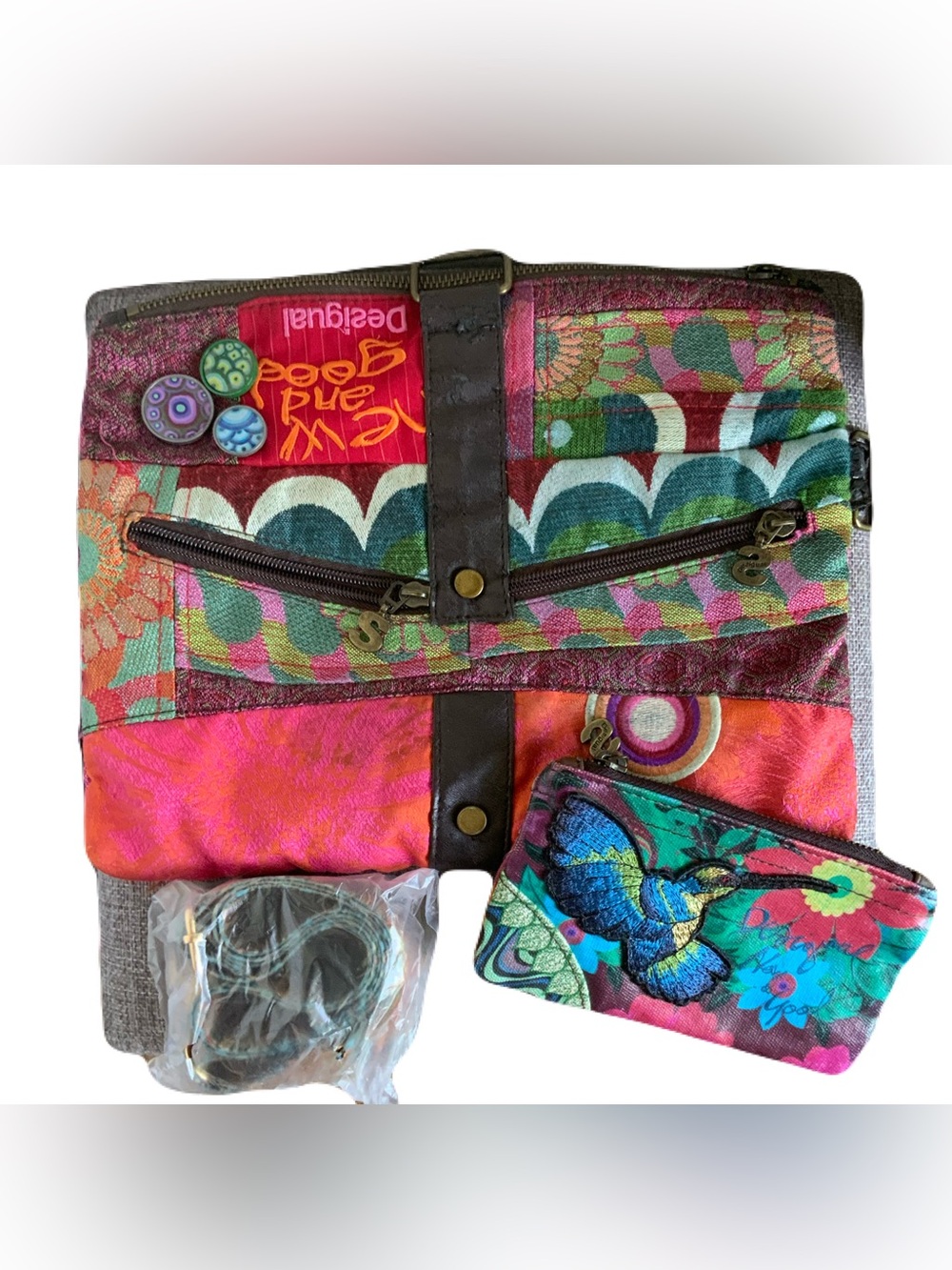 Desigual Colorful Patchwork Tote with Hummingbird Pouch And Sealed Strap